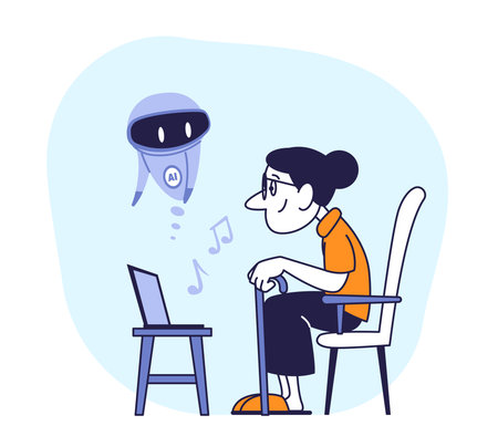 AI Entertains Elderly Woman with Personalized Music Playlist . Cartoon Vector Illustration of Senior Using Artificial Intelligence for Leisure.のイラスト素材