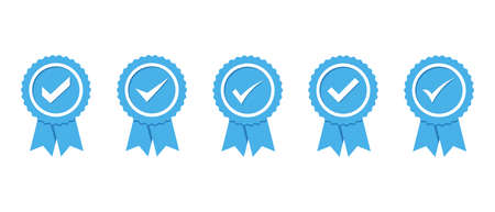 Blue approved vector icons set. Certified medal and quality symbol in a flat designのイラスト素材
