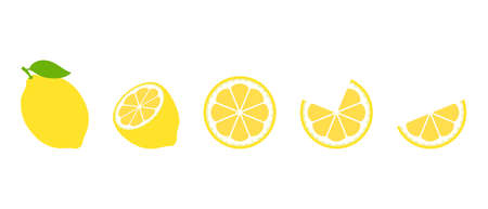 Fresh lemon vector icons set. Yellow fruits slice, collection of vector illustrationsのイラスト素材