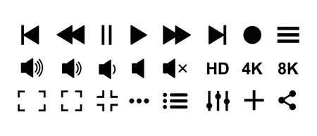 Video media and music player vector icons set. Multimedia player and audio interface symbolsのイラスト素材