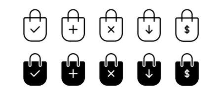 Bag shopping vector icon set. Symbol adding product to purchases for apps and website.のイラスト素材