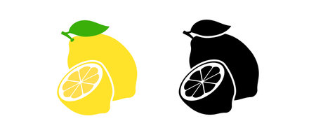 Lemon fruit vector icon collection. yellow and black silhouette lemon illustrationのイラスト素材