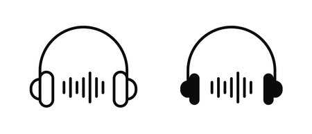 Headphones with sound wave vector icon set. Outline music wave symbol. Linear headphones logoのイラスト素材