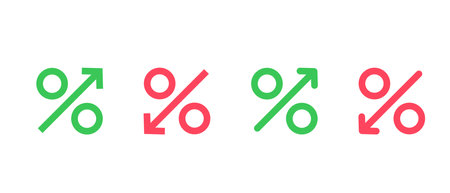 Percentage arrow up and down vector icon set. Cost reduction and increase symbol. Financial sign collectionのイラスト素材