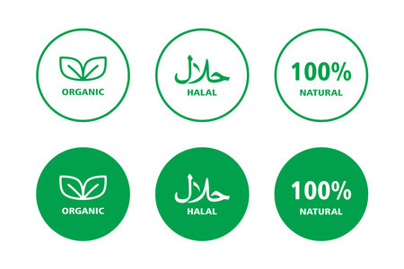 Organic, Halal, Natural food vector icon set. Islamic certified product symbol. Natural food product dietary labelのイラスト素材