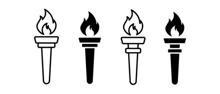 Torch fire vector icon set. Outline burning flame symbolのイラスト素材