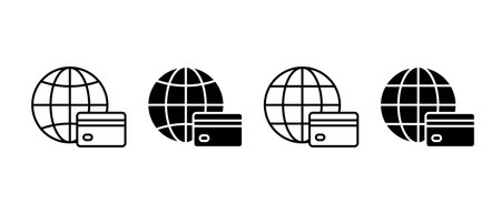 Online payment icon vector set. Bank card with globe symbolのイラスト素材