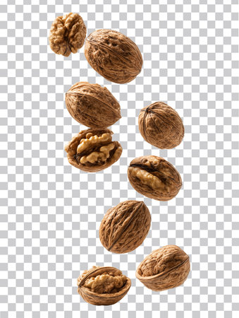 Set of falling walnuts isolated on transparent background. Collection of nuts.の素材