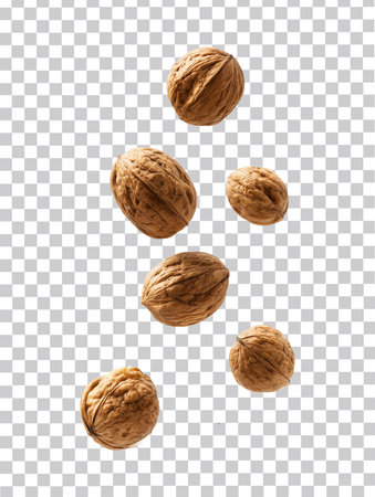 Walnuts falling on transparent background. Realistic 3d illustrationの素材