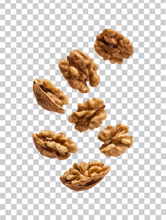 Walnuts levitate on transparent background. Realistic 3d illustrationの素材