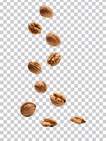 Flying walnuts. Isolated on transparent background. Realistic 3d illustrationの素材