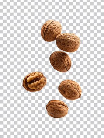 Walnuts levitate on transparent background. Realistic 3d illustrationの素材