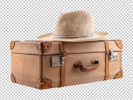 Vintage suitcase with hat isolated on transparent background. 3d renderingの素材