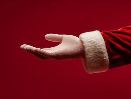 Santa Claus hand showing something on a red background. Christmas concept.の素材
