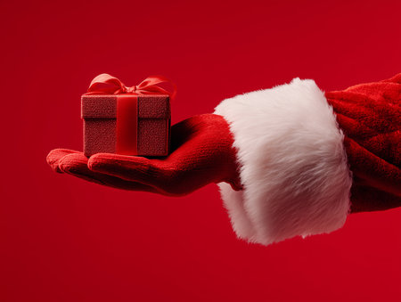 Santa Claus hand holding a gift box on a red background. Christmas concept.の素材
