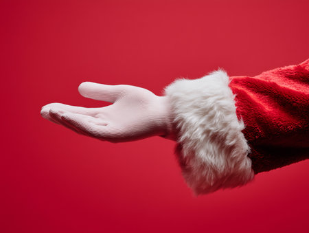 Santa Claus hand on a red background. Christmas and New Year concept.の素材