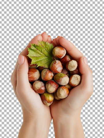Hazelnuts in female hands. Isolated on transparent background.の素材
