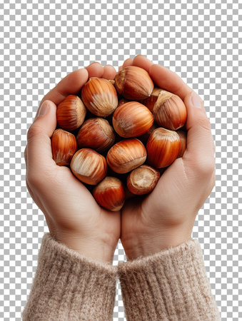 Hazelnuts in hands. Isolated on a transparent background.の素材