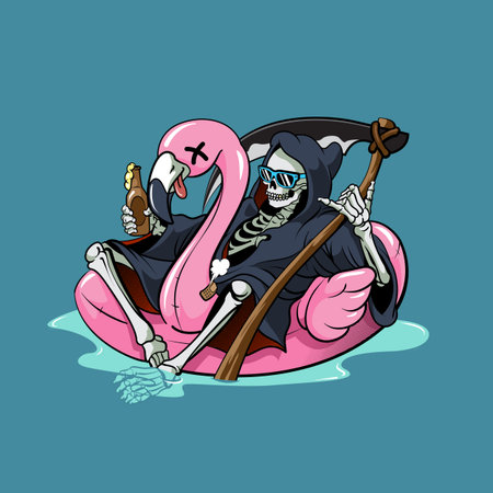 Illustration of a grim reaper skull relaxing with a bottle of beer sitting on a pink flamingo float.のイラスト素材
