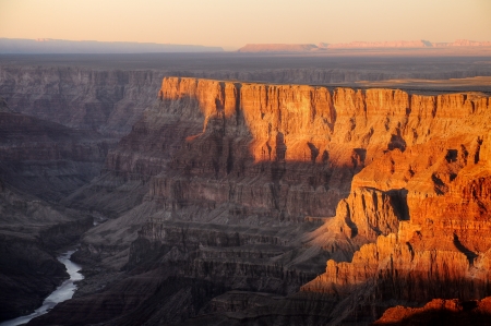 Colorado river view from Desart view point in Grand Canyon National Park at sunsetの写真素材