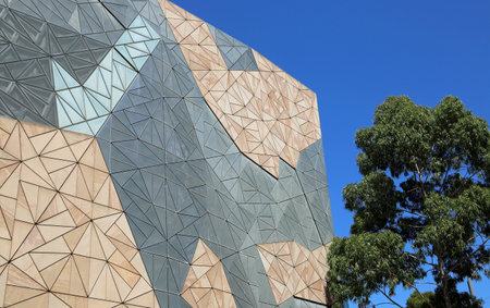 Facade of Federation Square building and eucalyptus tree - Melbourne, Victoria, Australiaのeditorial素材
