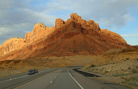 Black Dragon cliffs and the road, San Rafael Swell, Utahの写真素材