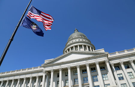 The flag and Utah State Capitol, Salt Lake Cityの写真素材