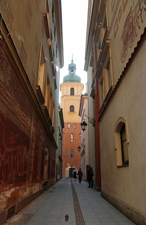 The alley in old town vertical, Warsaw, Poland.の写真素材