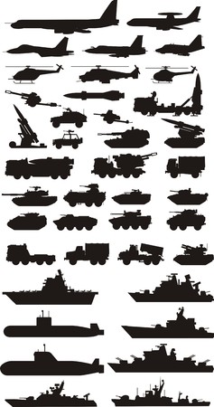 military mashine plane and boats silhouettesのイラスト素材