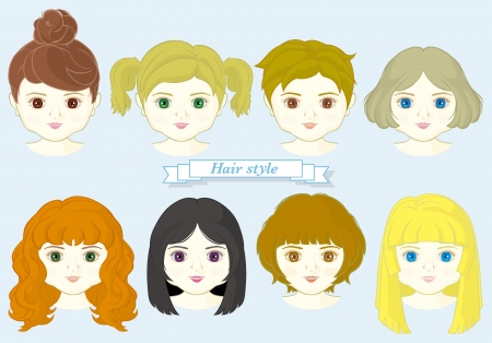 set of girl face with fashionable hairstyleのイラスト素材