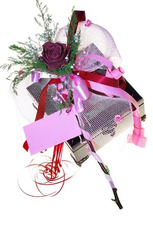 dry rose and jewellery box with blank cardの写真素材