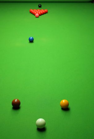snooker balls on green surface, shallow depth of fieldの写真素材