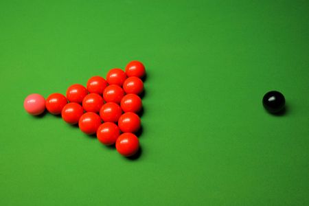 snooker balls on green surface, shallow depth of fieldの写真素材