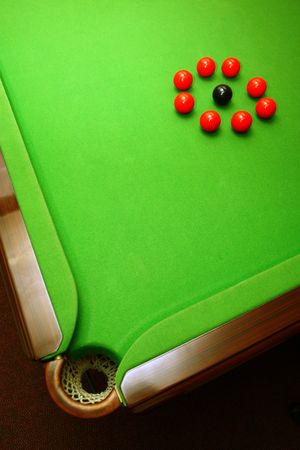 snooker balls on green surface, shallow depth of field