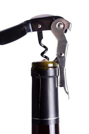 wine bottle with a wine opener, isolatedの写真素材
