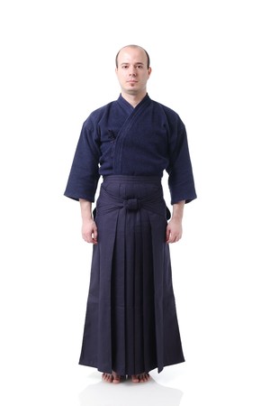 portrait of a kendo fighter, isolated on whiteの写真素材