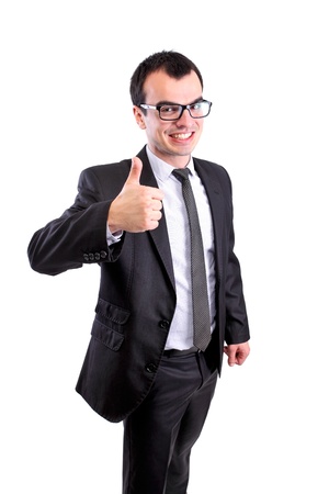 positive business man showing thumbs up, against whiteの写真素材