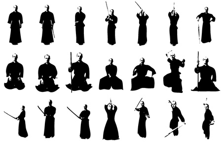 silhouettes of a kendo fighter with bokken and shinaiの写真素材