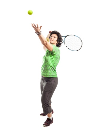 Casual female tennis player isolated on white backgroundの写真素材