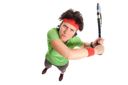 angry female tennis player portrait, isolated on white backgroundの写真素材