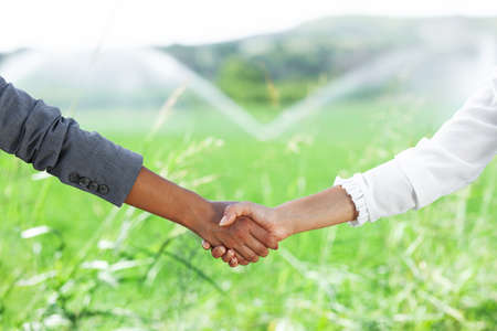 Business women shaking hands in a green field with water sprinklesの写真素材