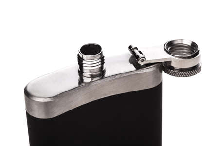 Alcohol flask. Metal and rubber material. Isolated on white background.の写真素材