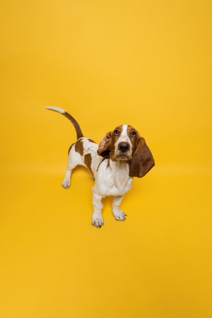 Basset hound three months old puppy looking up in camera. Funny dog portrait against yellow...