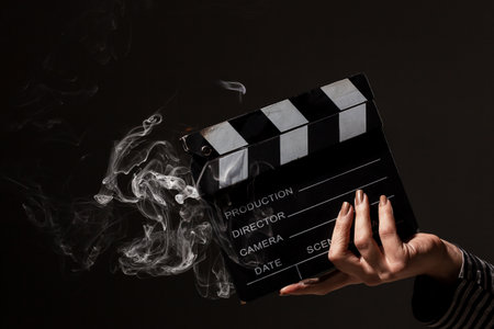 Female hand holding smoking clapperboard. Smoke comes out of hot movie clap board.