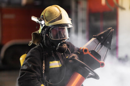 Fireman portrait wearing full equipment and oxygen mask. Firefighter with power hydraulic cutting...