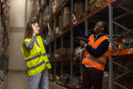 Two workers in a warehouse communicate effectively, wearing high-visibility vests, surrounded by...