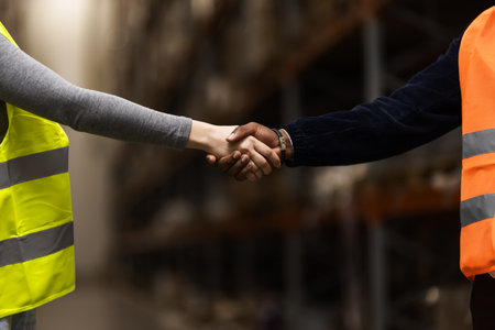 Close-up of two hands shaking in a warehouse setting. Workers wear high-visibility vests, representing cooperation, teamwork, and partnership in an industrial environment.の写真素材