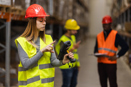 Warehouse employees wearing safety vests and helmets utilize technology for inventory management. The team collaborates in a large industrial setting, demonstrating efficient operation and modern logistics processes.の写真素材