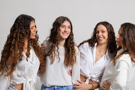 Four cheerful women laughing and enjoying each others company in a friendly and casual settingの写真素材