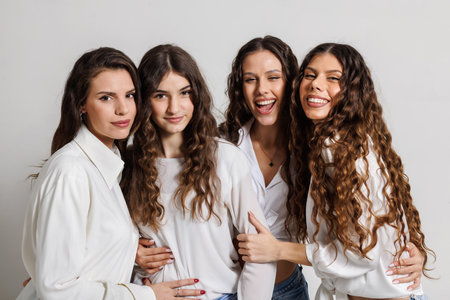 Four happy young women laughing and posing together indoorsの写真素材